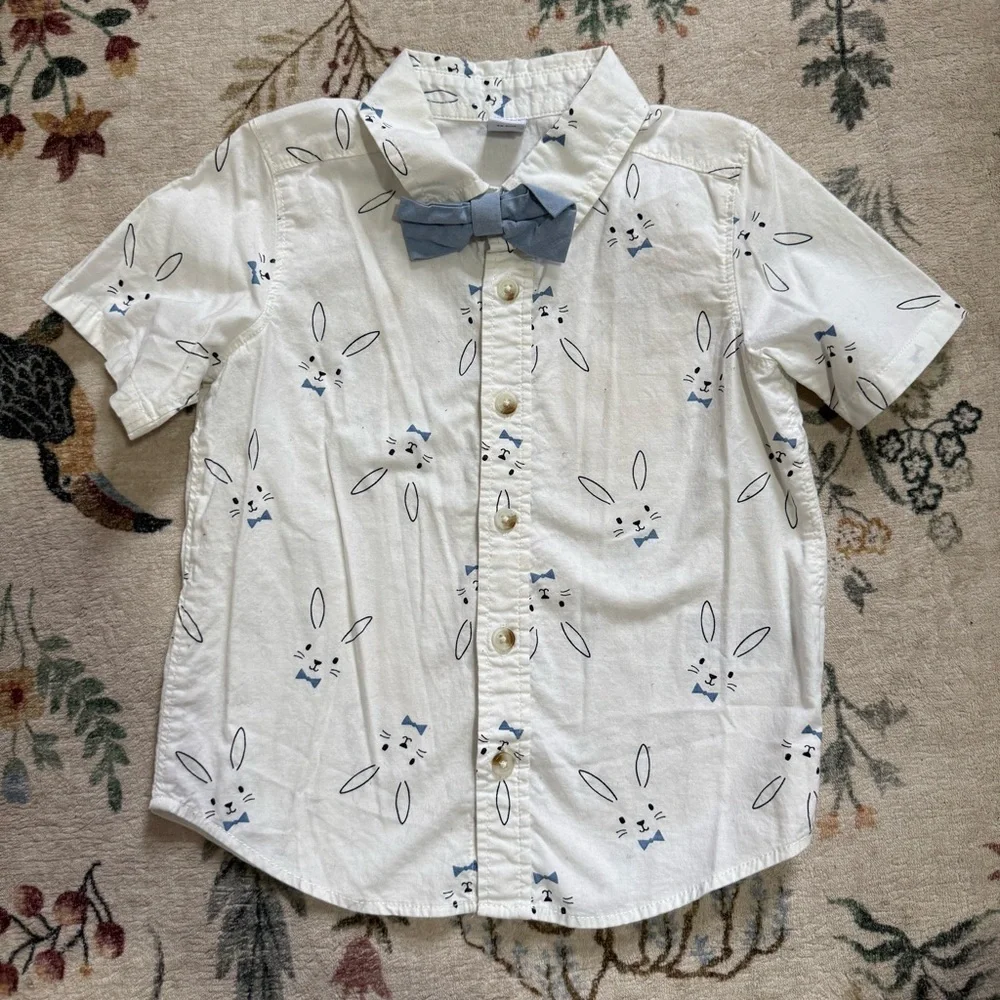 Old navy Kids White Bunny Print Shirt with Blue Bow Tie 3T